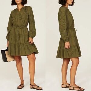 LAUREN Ralph Lauren Sulashka Dress Women 2 Olive Green Embroidered A-Line Cotton